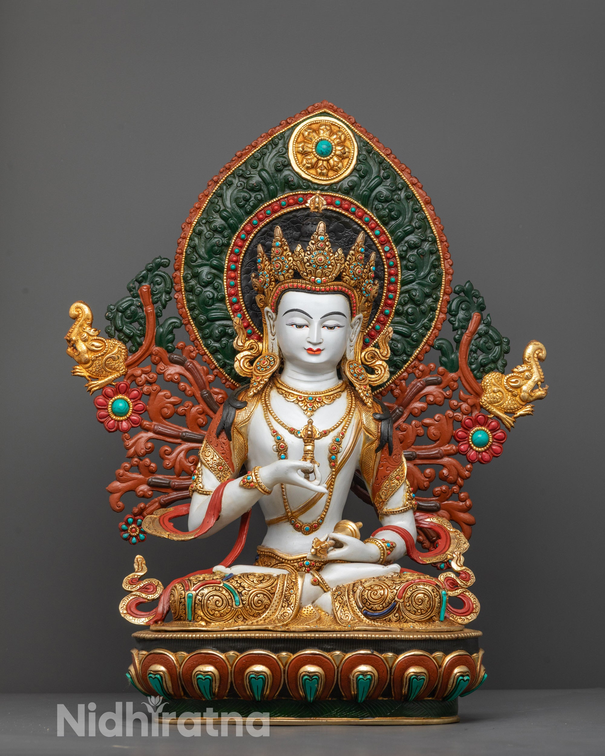 Front view of Vajrasattva Statue with white body and gold-plated crown and jewellery