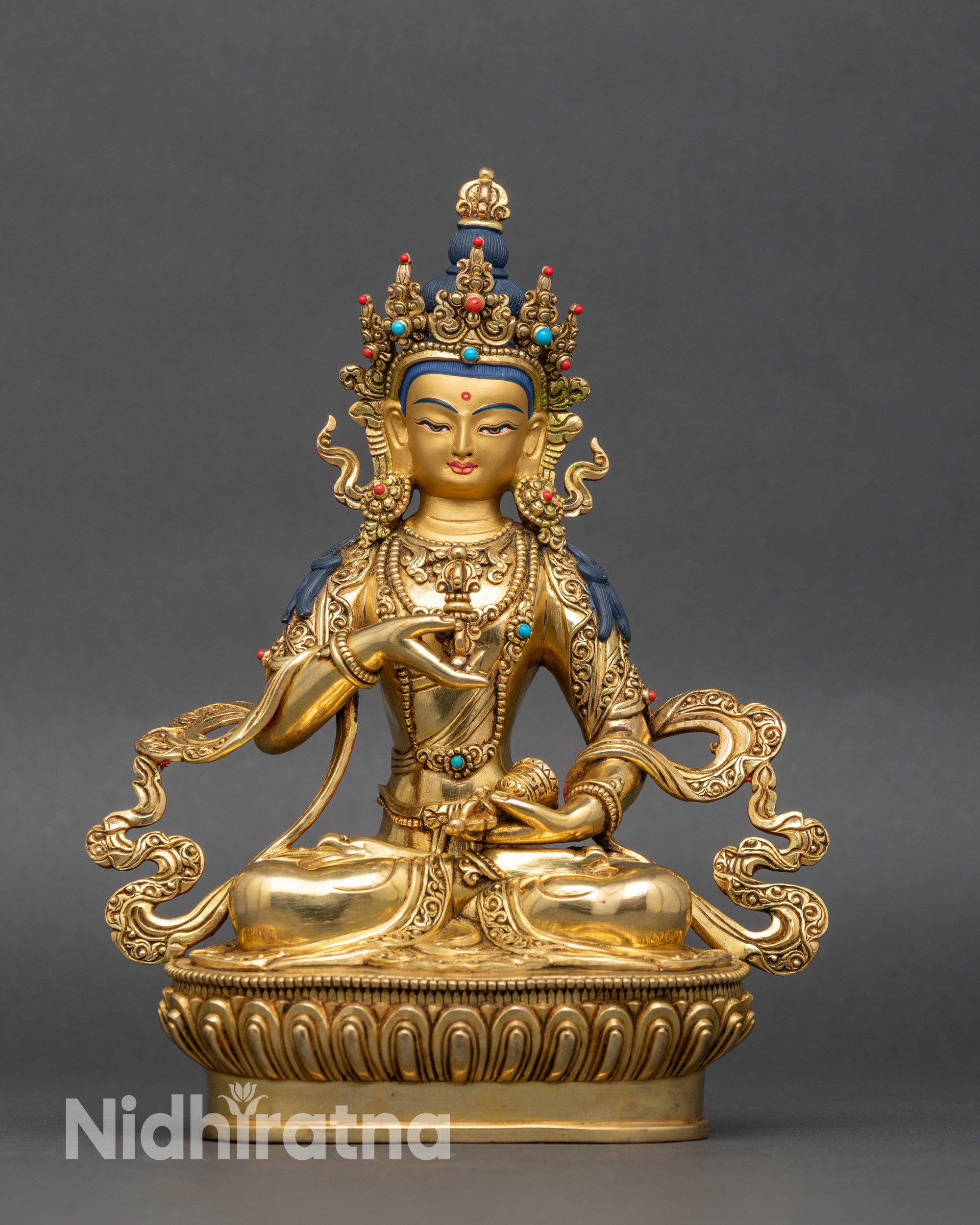 Front view of Vajrasattva statue, handcrafted copper with gold fire-gilding