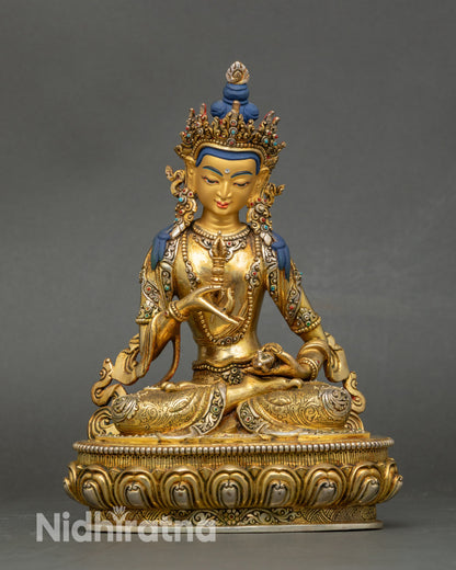 Front view of Vajrasattva statue on lotus seat with gold fire-gilded copper details