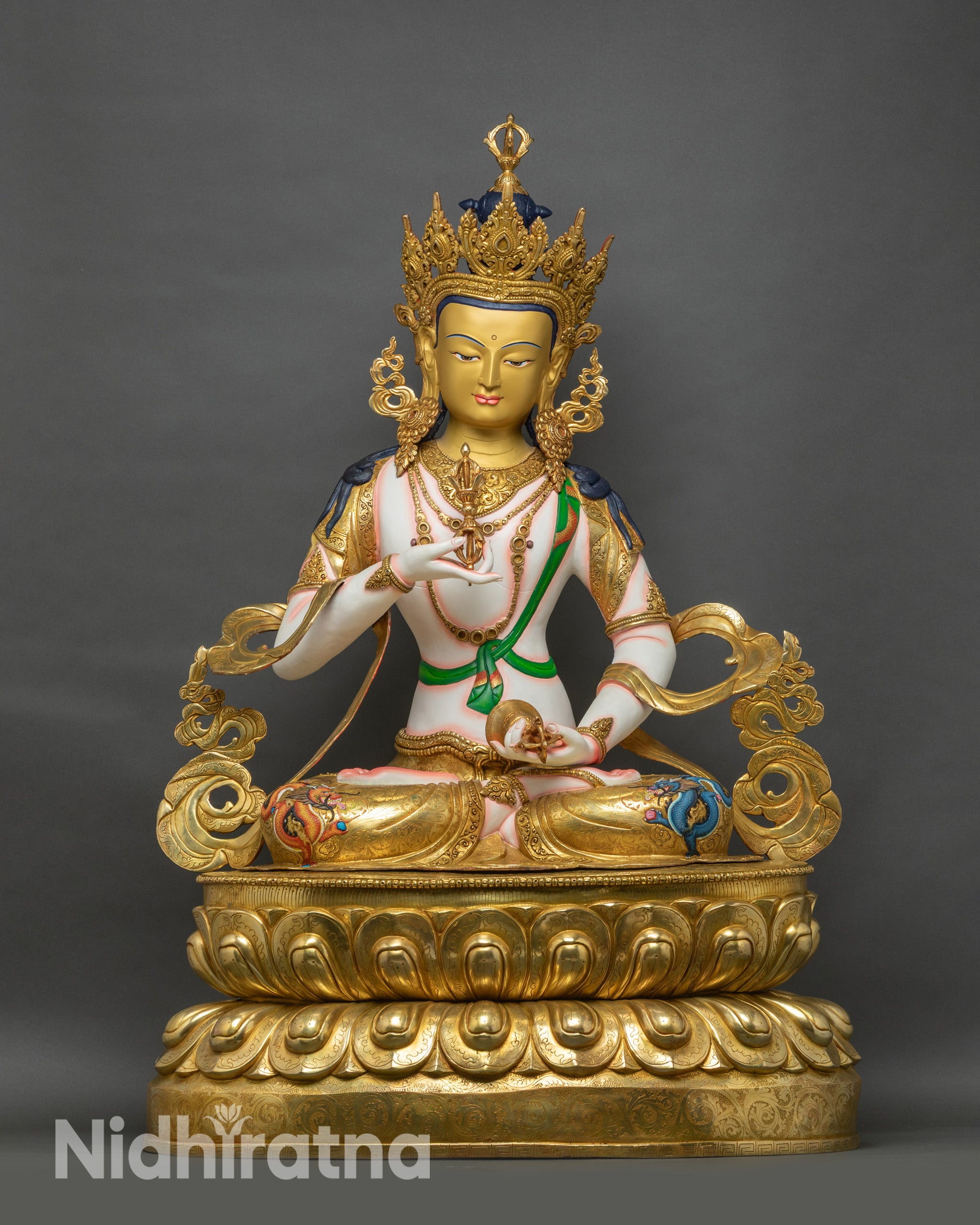 Front view of Vajrasattva statue with vajra, bell, and gold-painted face for altar display