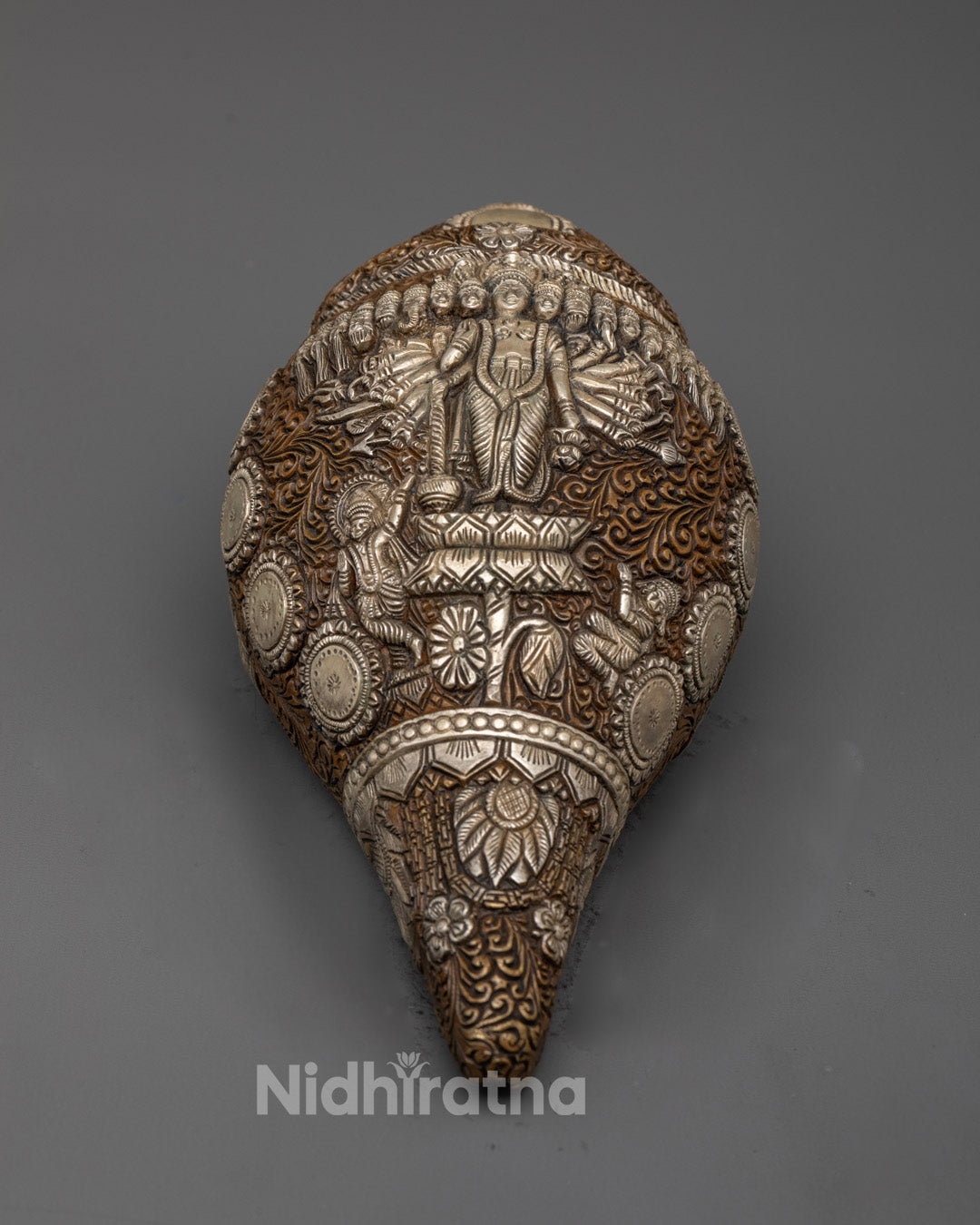 Front view of Vishnu Conch Shell locket for altar or daily puja, handmade in Patan