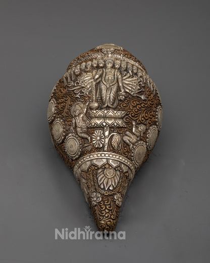 Front view of Vishnu Conch Shell locket for altar or daily puja, handmade in Patan