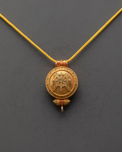 Front view of Wheel of Wisdom Locket with Khorlo design and semi-precious stones