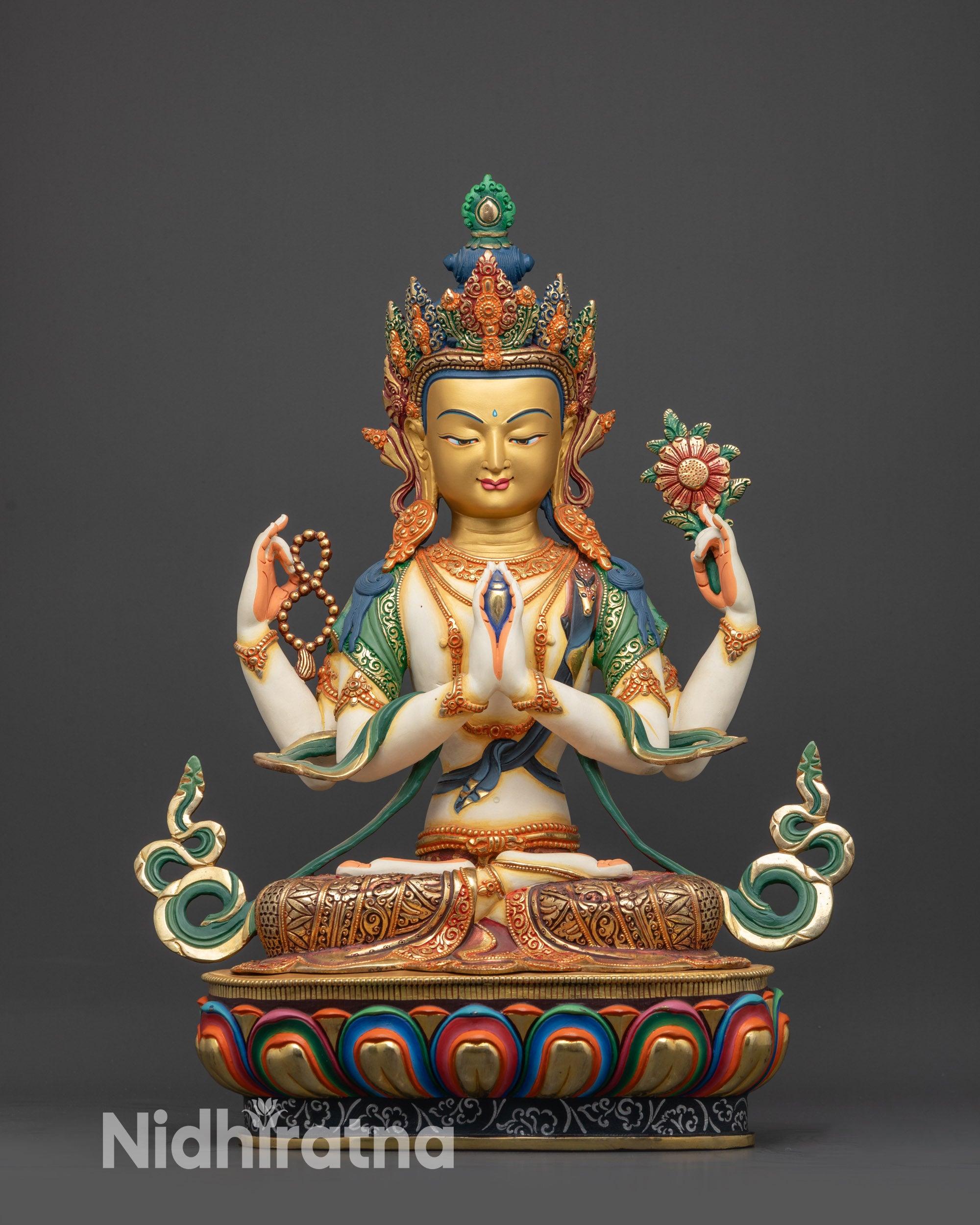 Front view of White-Hued Chenrezig Bodhisattva sculpture hand-painted in Nepal