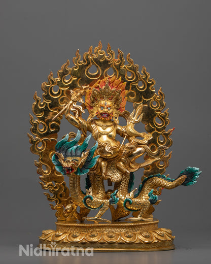 Front view of White Dzambhala Statue seated on green dragon mount with gold staff 