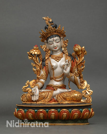 Front view of White Tara Statue, gold-gilded copper, Nepalese Buddhist art