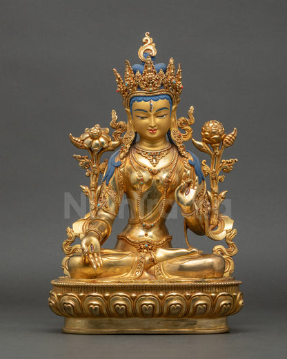 Front view of White Tara meditation statue with gold fire-gilded copper and lotus seat