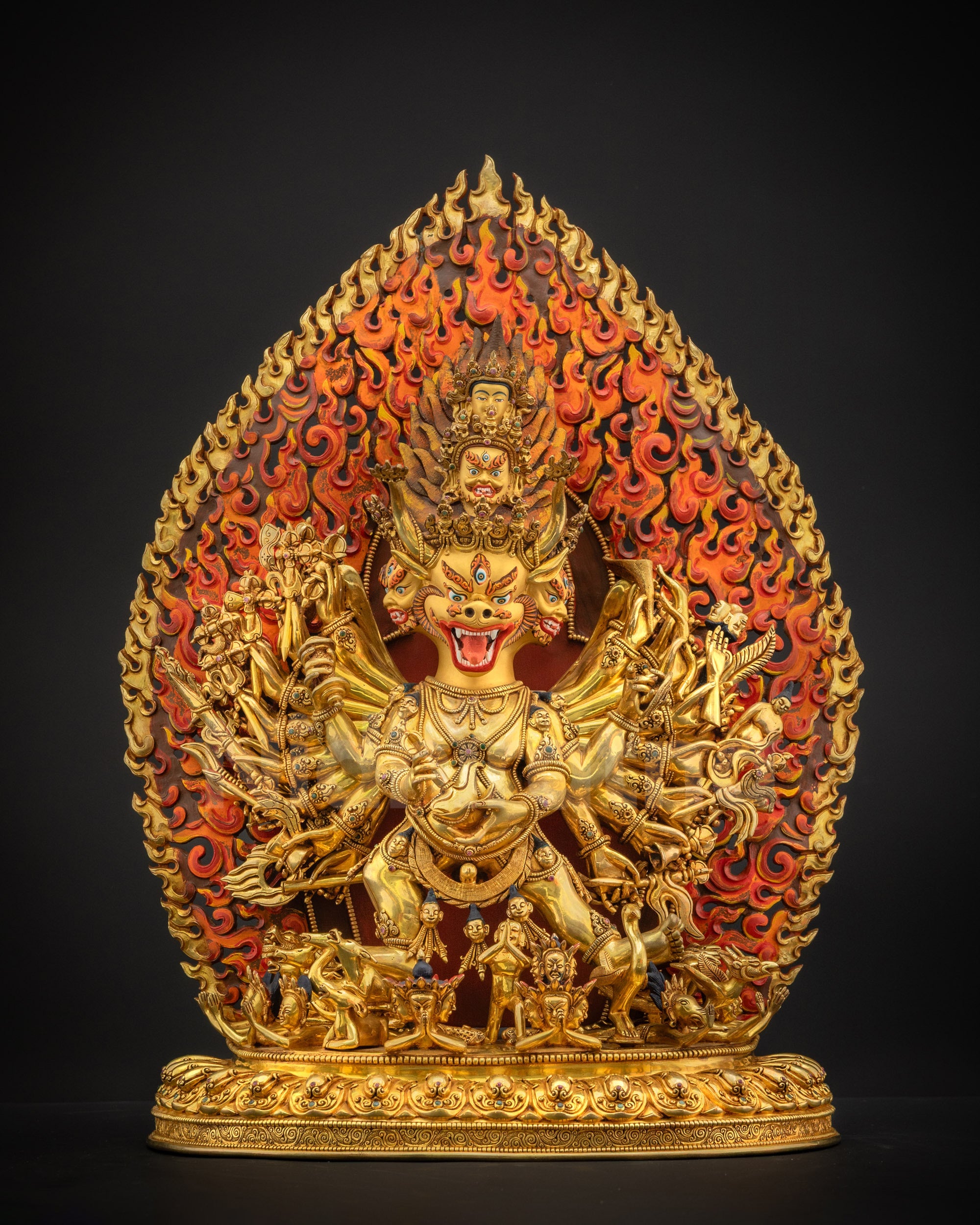 Front view of Yamantaka Masterpiece Statue showing wrathful buffalo face, nine gold-painted faces, and carvings