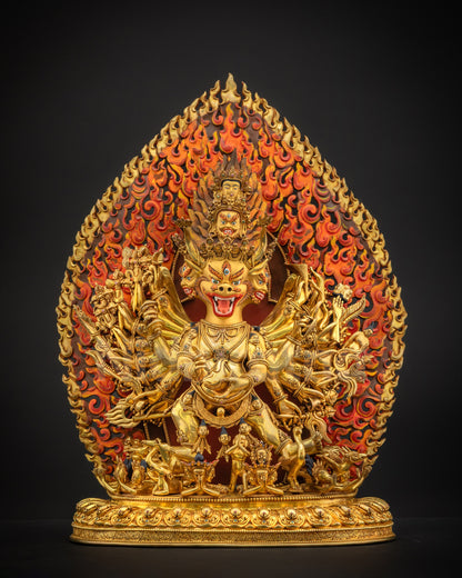 Front view of Yamantaka Masterpiece Statue showing wrathful buffalo face, nine gold-painted faces, and carvings