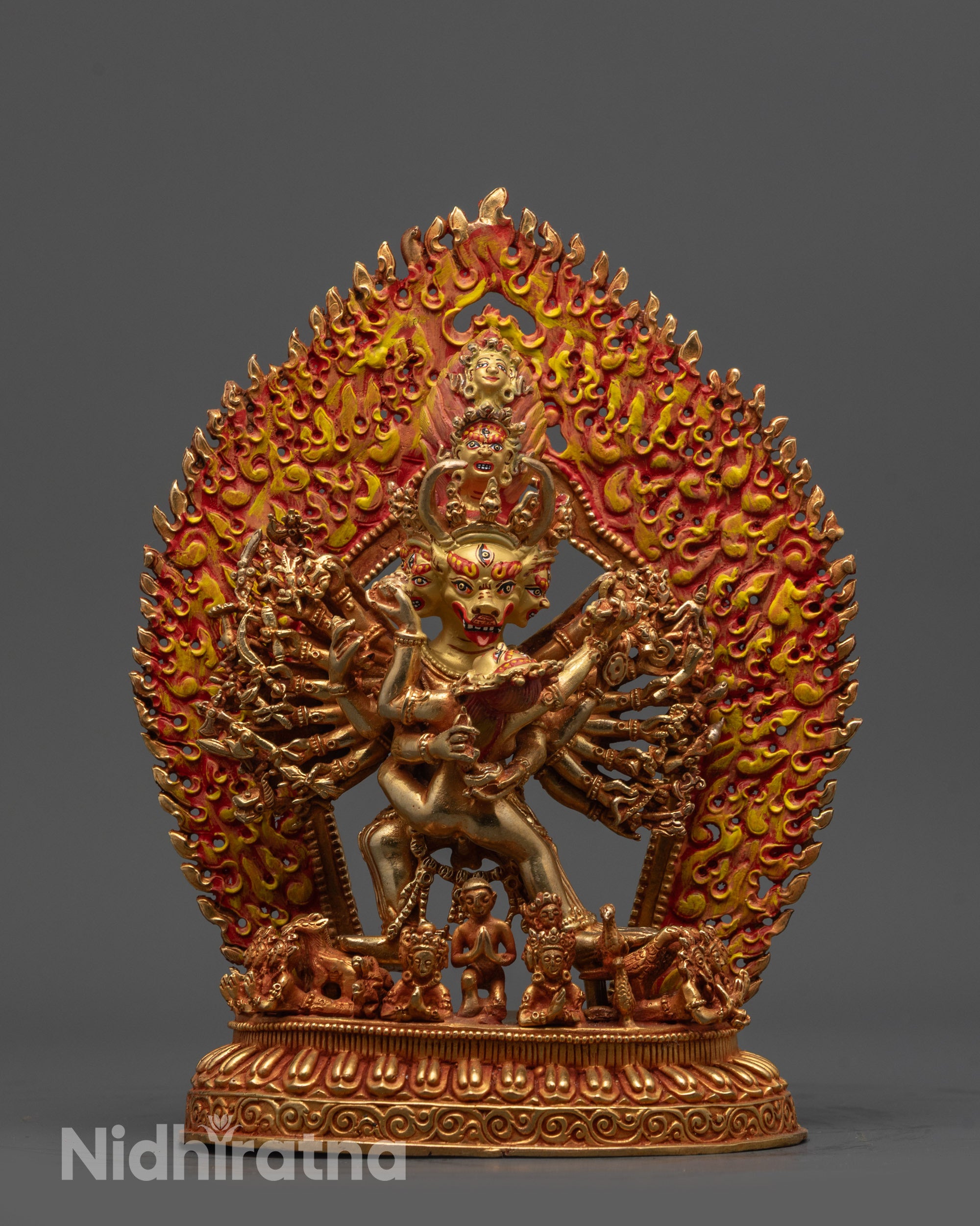 Front view of Yamantaka Yab-Yum with Vajravetali statue showing gold fire-gilded details