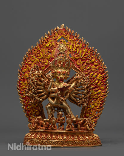 Front view of Yamantaka Yab-Yum with Vajravetali statue showing gold fire-gilded details