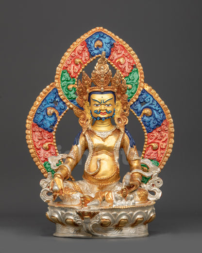 Front view of Yellow Dzambhala Statue on silver lotus throne with gold-gilded face
