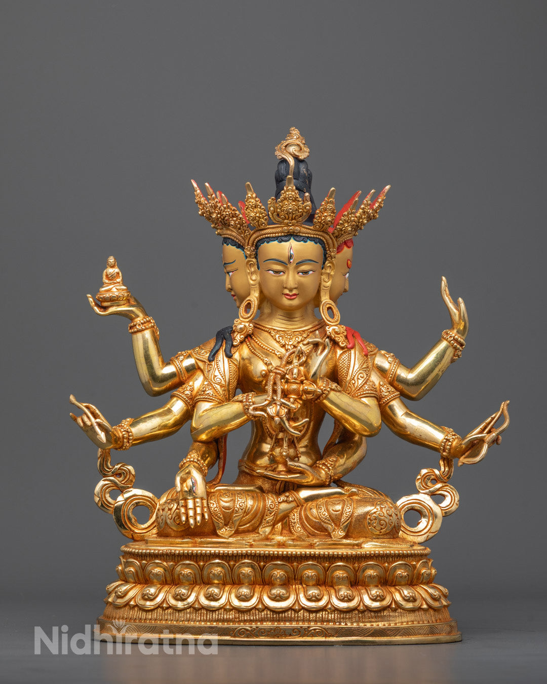 Front view of gold-gilded Namgyalma Statue on lotus pedestal, symbol of longevity and purity

