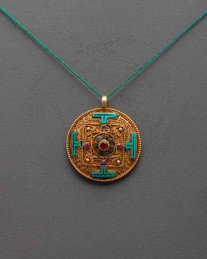 Front view of gold-plated Mandala Locket with filigree and semi-precious gems