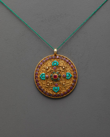 Front view of gold-plated Mandala Locket with turquoise petals and semi-precious gems