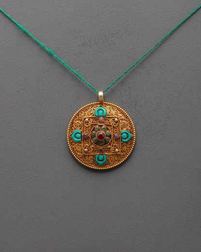 Front view of gold-plated Mandala Pendant with turquoise flower and semi-precious stones