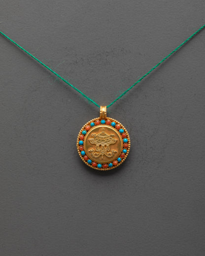 Front view of gold-plated Victory Banner Pendant with semi-precious stones, handcrafted in Nepal