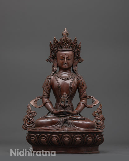 Front view of hand-carved Amitayus Statue seated on a lotus seat holding a nectar-filled kalash