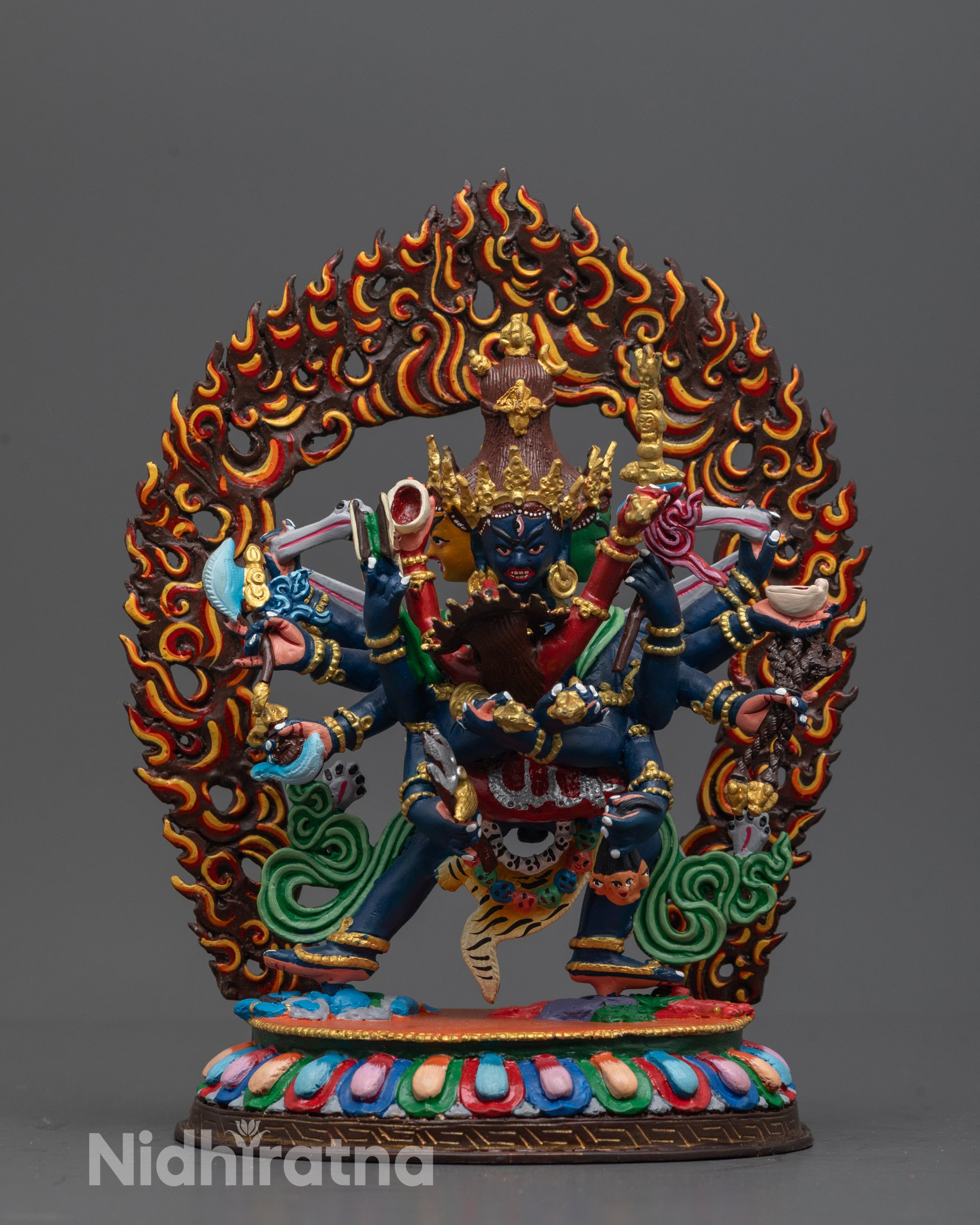 Front view of hand-carved Chakrasamvara Statue from Nepal with blue acrylic body