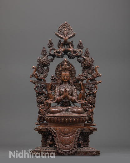 Front view of hand-carved Chenrezig Statue in oxidized copper seated on a lotus throne