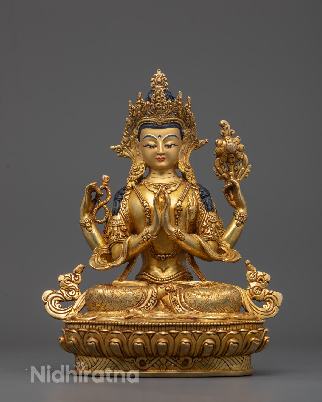 Front view of hand-carved Chenrezig Statue with 24k gold fire gilding seated