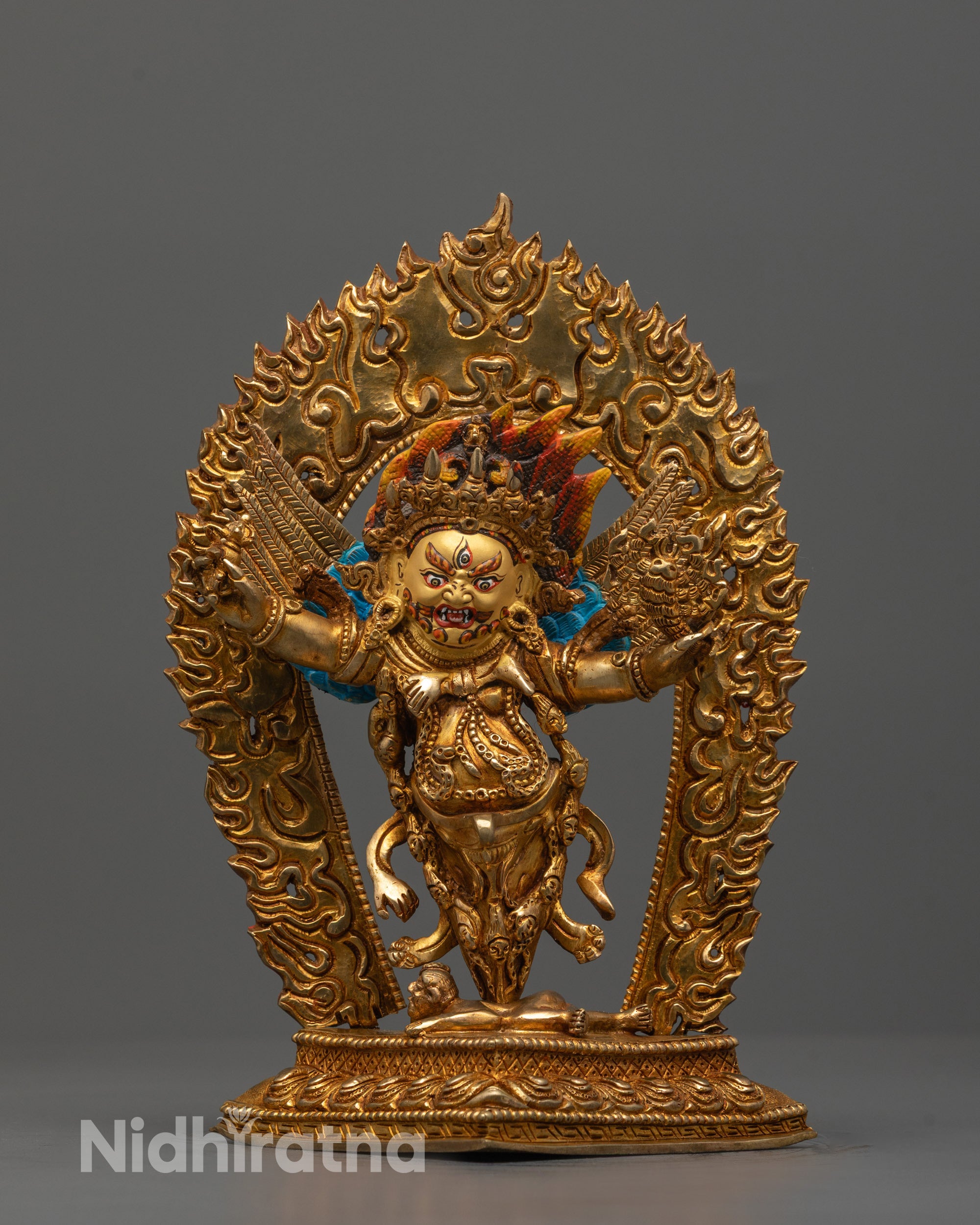 Front view of hand-carved Dorje Phurba Statue with 24k gold gilding