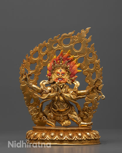 Front view of hand-carved Four Armed Vajrapani statue standing on lotus base with 24k gold fire gilding