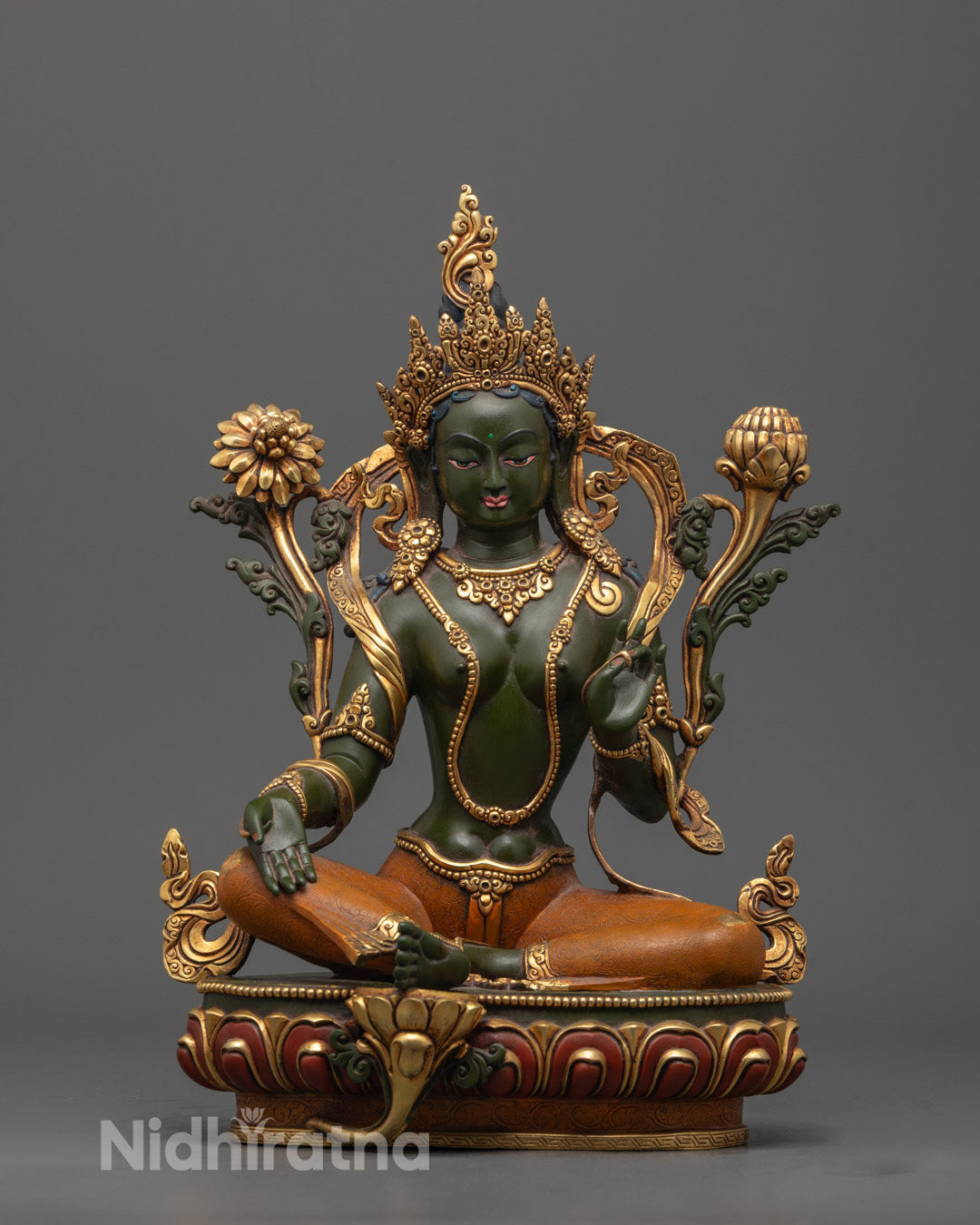 Front view of hand-carved Green Tara Statue in meditative posture on lotus throne