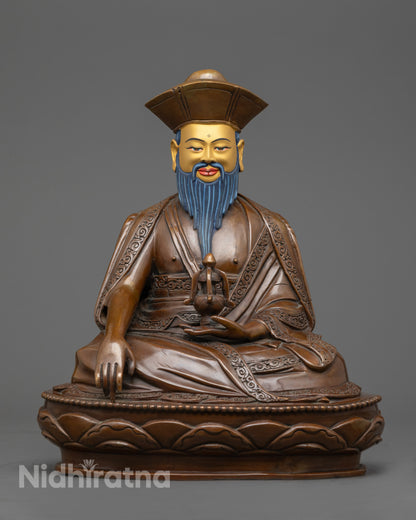hand-carved Guru Shapdum statue seated on lotus throne with fierce expression and oxidized copper finish.