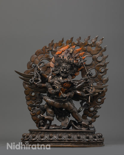 Front view of hand-carved Hayagriva with Consort Statue made from oxidized copper