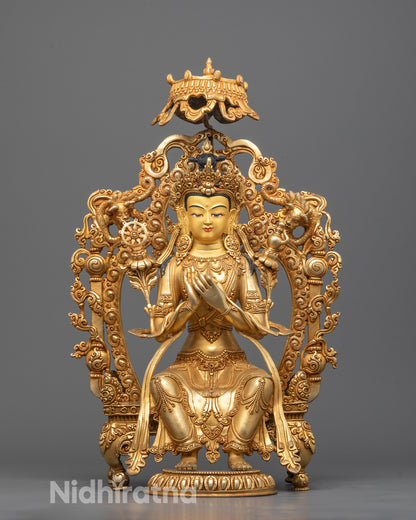 Front view of hand-carved Maitreya Buddha Statue seated on a detailed throne
