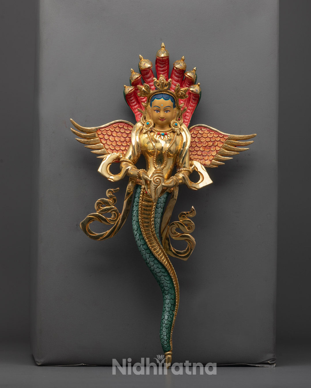 Front view of hand-carved Naga Kanya Statue with 24k fire gold gilding