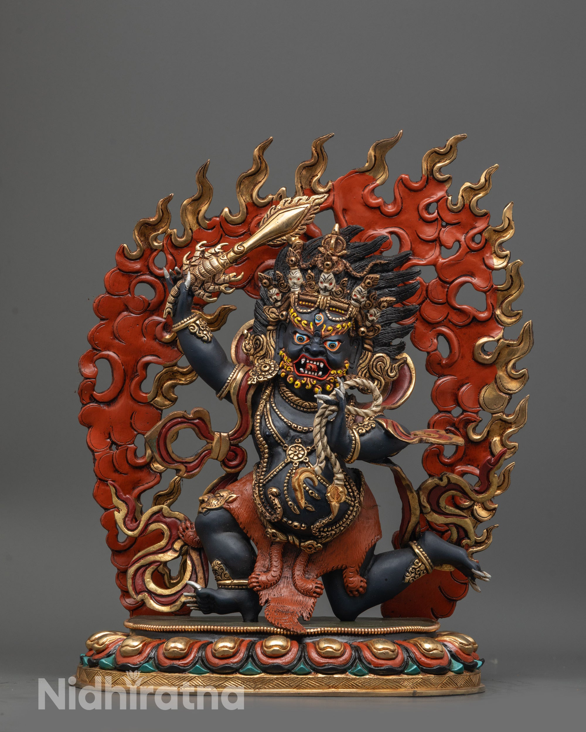 Front view of hand-carved Sankata Statue with dark blue acrylic body
