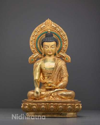 Front view of hand-carved Shakyamuni Buddha statue with 24k gold fire-gilded finish