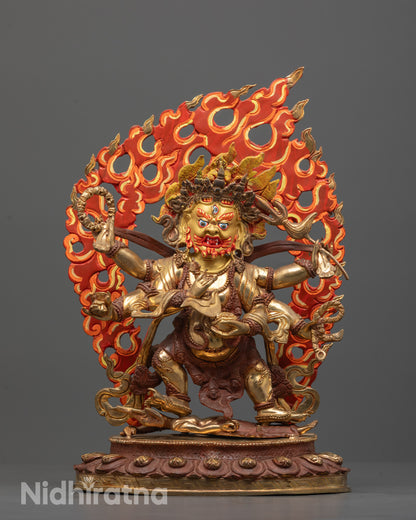 Front view of hand-carved Six-Armed Mahakala statue standing on lotus base