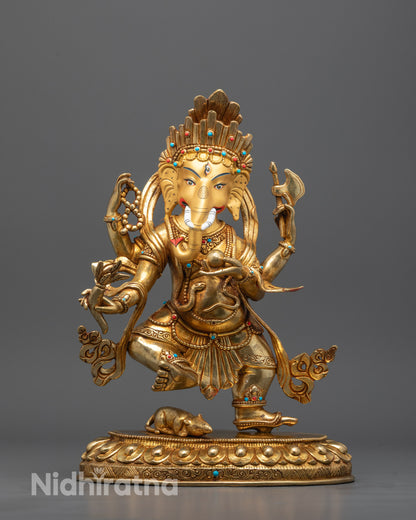 Front view of hand-carved Standing Ganesh Sculpture with multiple arms holding symbolic objects