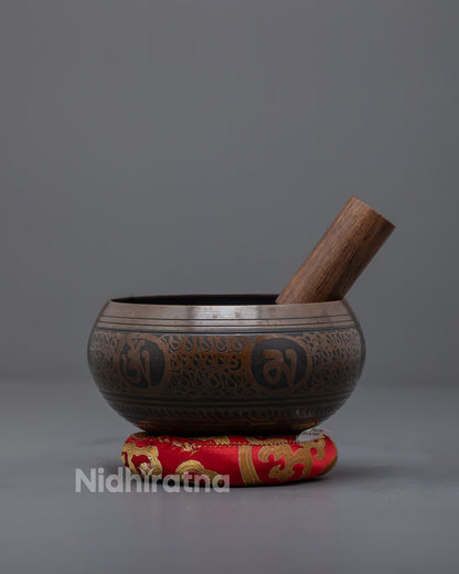 Front view of hand-carved Tibetan singing bowl for chakra healing and meditation