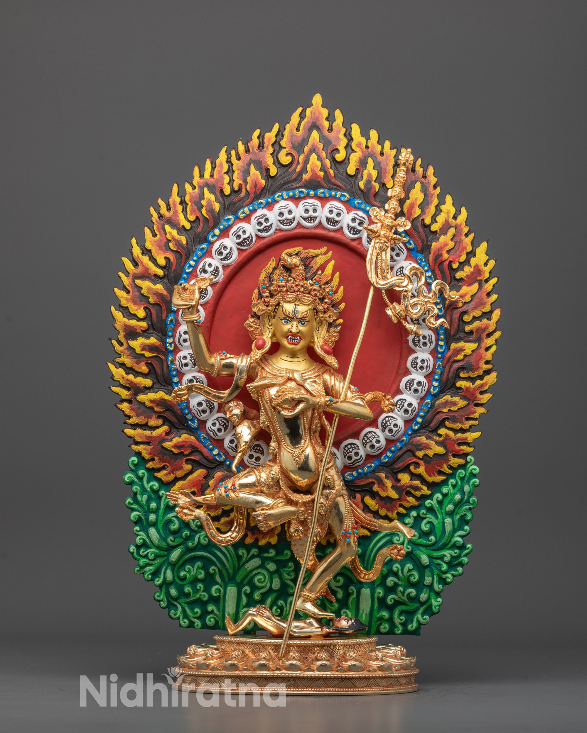 Front view of hand-carved Troma Nagmo Statue in 24k gold from Nepal for spiritual practice