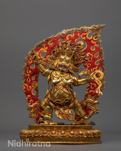 Front view of hand-carved Vajrapani Statue standing on a lotus base with a vajra