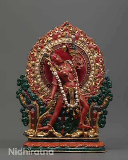 Front view of hand-carved Vajrayogini Statue from Nepal with red acrylic color