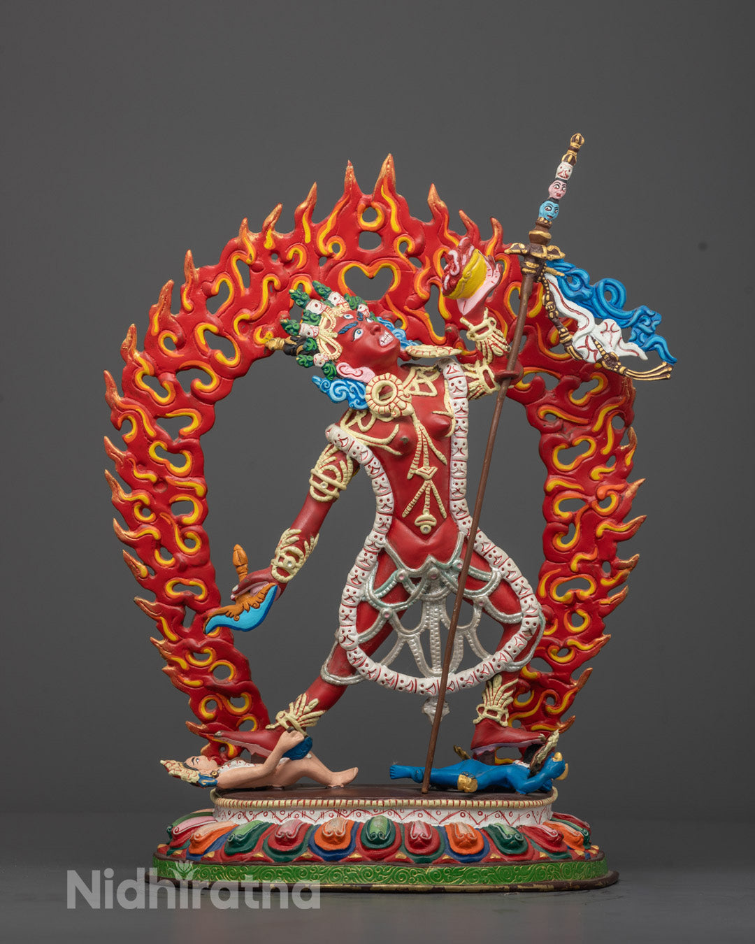 Front view of hand-carved Vajrayogini Statue in red acrylic on copper