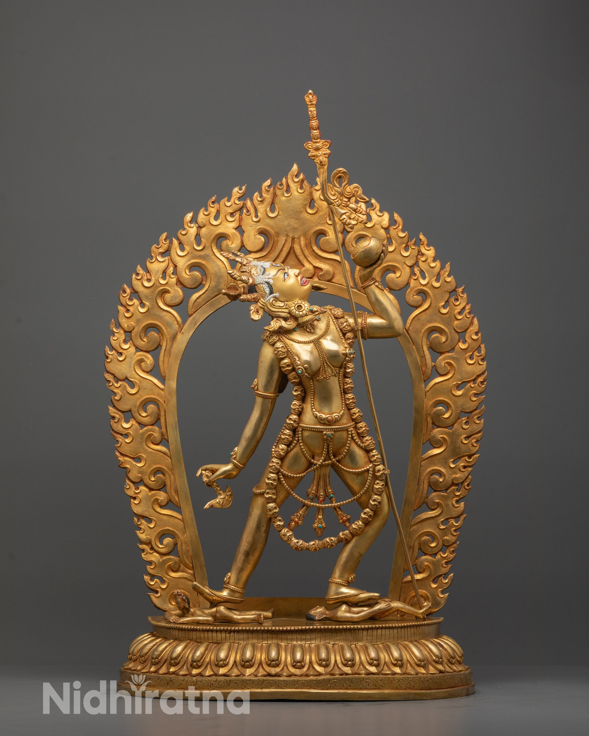 Front view of hand-carved Vajrayogini Statue with 24k gold gilded finish standing