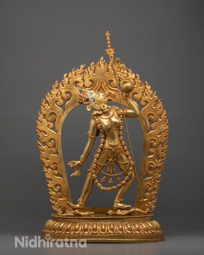 Front view of hand-carved Vajrayogini Statue with 24k gold gilded finish standing