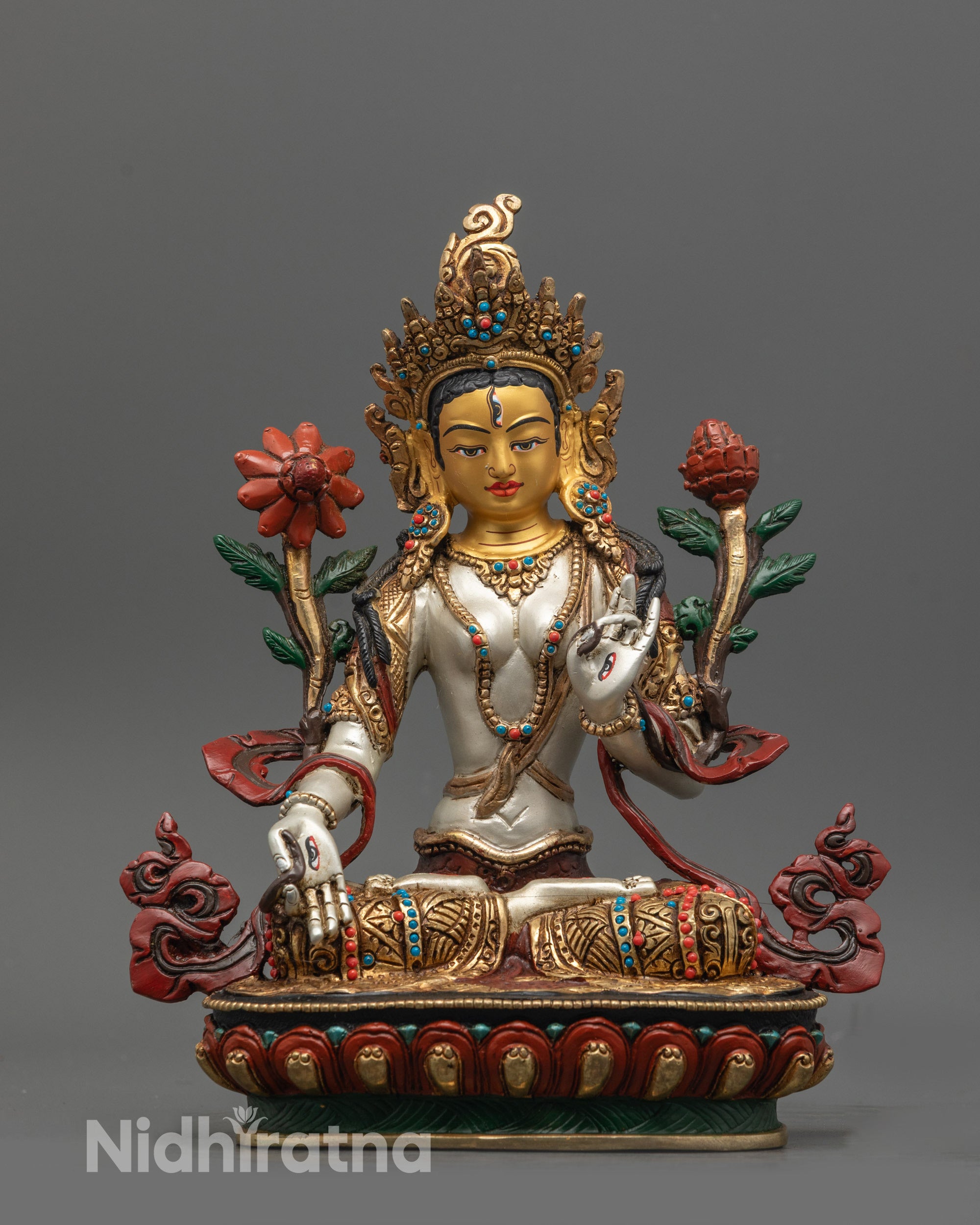 Front view of hand-carved White Tara Statue | Nepalese copper base