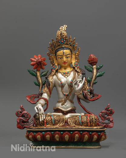 Front view of hand-carved White Tara Statue | Nepalese copper base