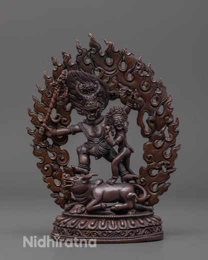 Front view of hand-carved Yama Dharmaraja and Consort Statue made in Nepal
