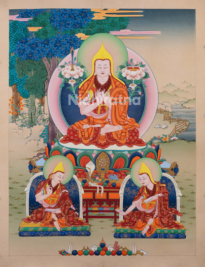 Front view of hand-painted Tibetan Tsongkhapa Thangka in Karma Gardi style on cotton canvas