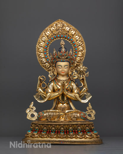 Front view of hand carved Chenrezig statue with gold fire-gilded body and semi-precious stones