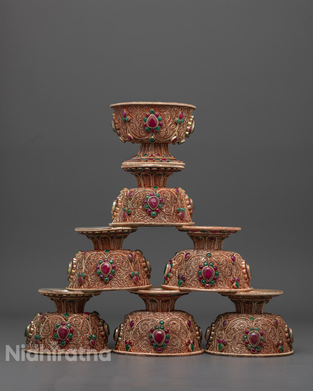 Front view of handcrafted 9cm copper Watering Offering Bowl with silver plating and coral
