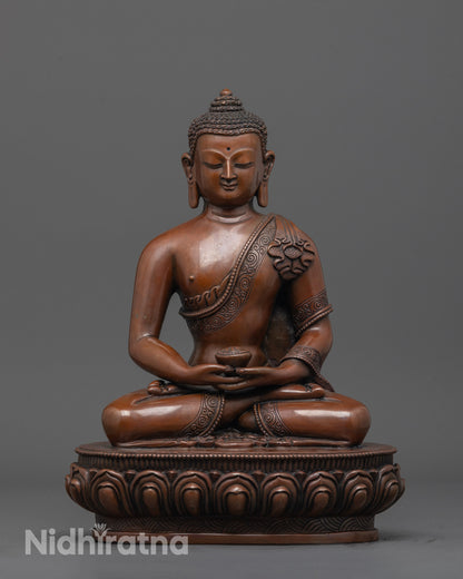 Front view of handcrafted Amida Buddha statue with lotus seat and monk’s bowl